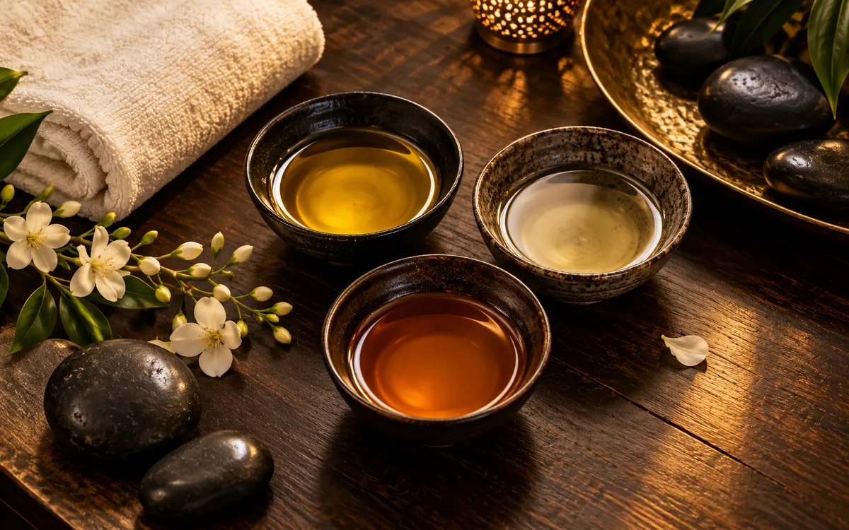 Three bowls of different massage oils with hot stones, a rolled towel and jasmine flowers