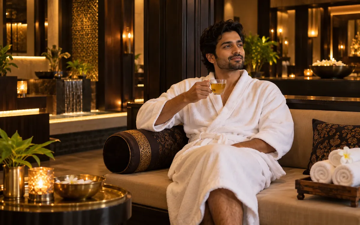 Guest in a white spa robe relaxing with herbal tea in a softly lit spa lounge