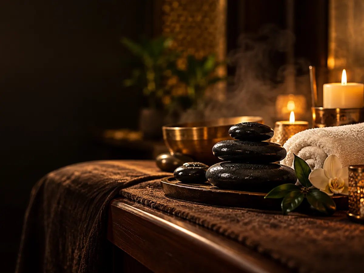 Hot stones, a rolled towel and candles on a massage table