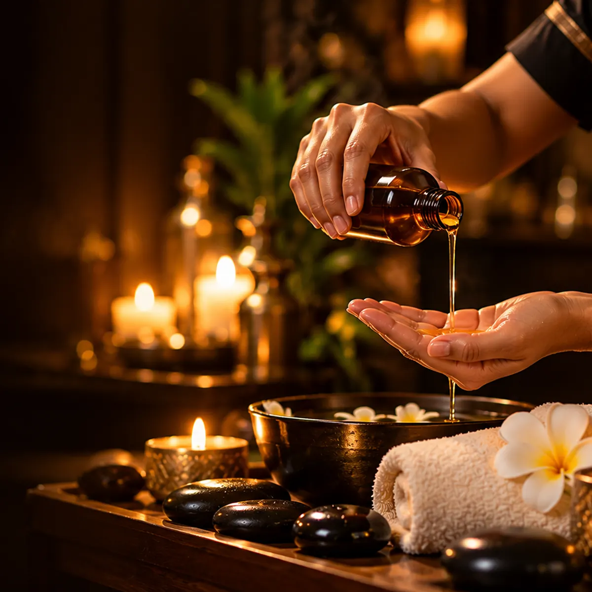 Warm massage oil poured into a therapist's palm