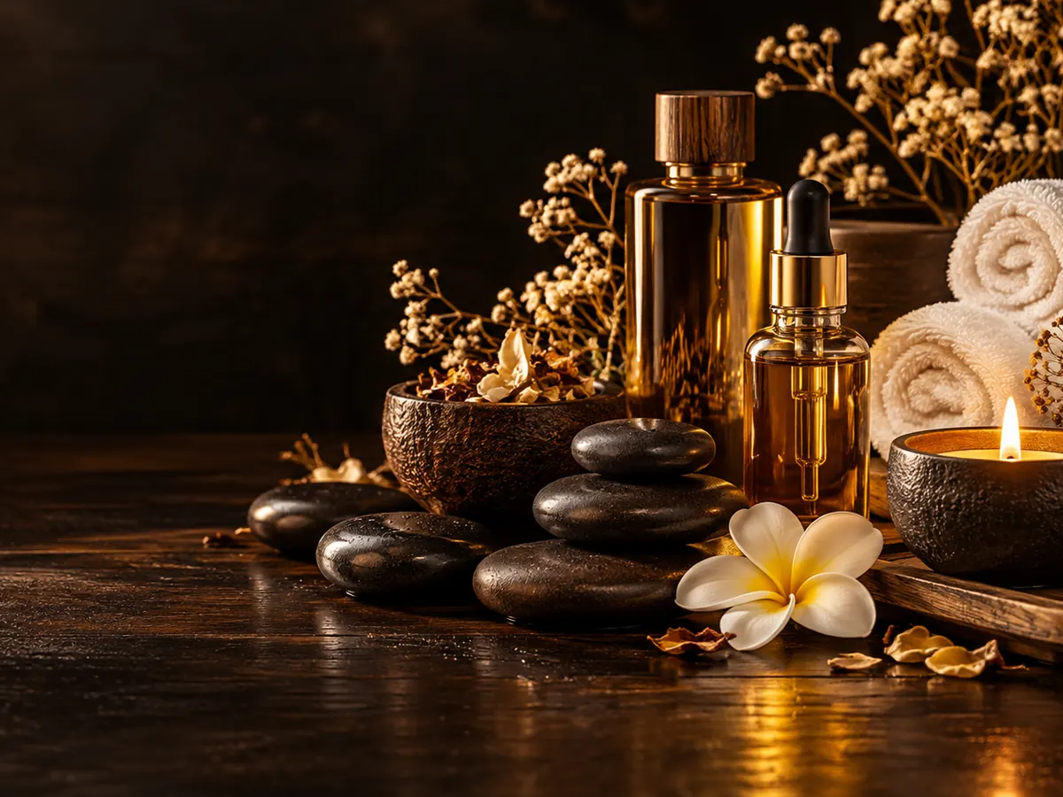 Massage oils, hot stones and rolled towels by candlelight