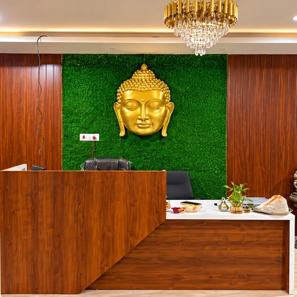 Diamond Wellness Spa reception with a golden Buddha on a green wall
