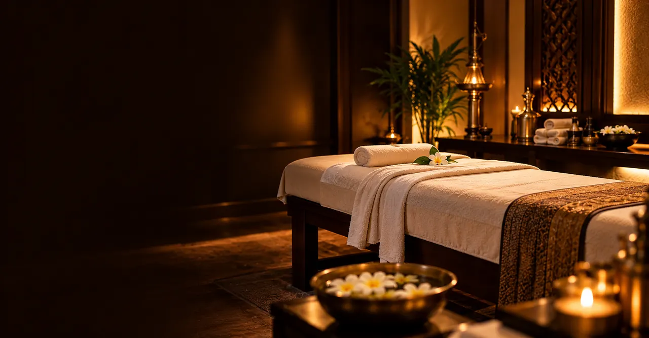 Prepared massage table with cream linen, a rolled towel and frangipani in a warm, candlelit room
