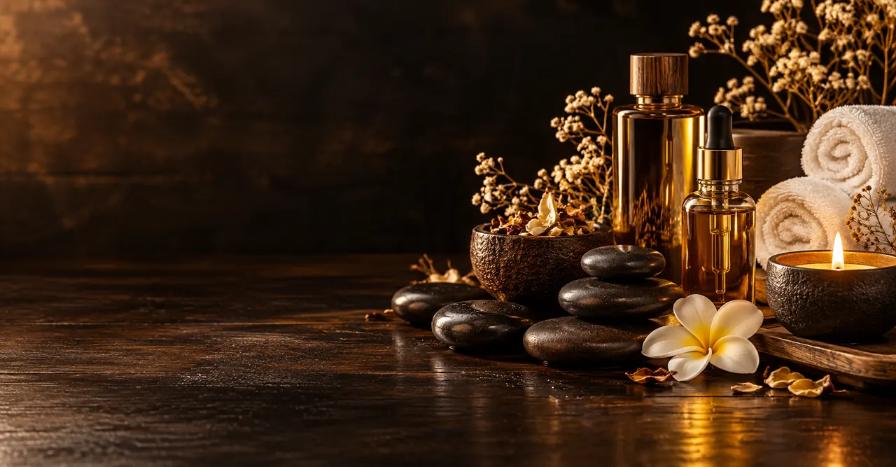 Massage oils, hot stones, rolled towels, frangipani and a candle on a dark wooden table