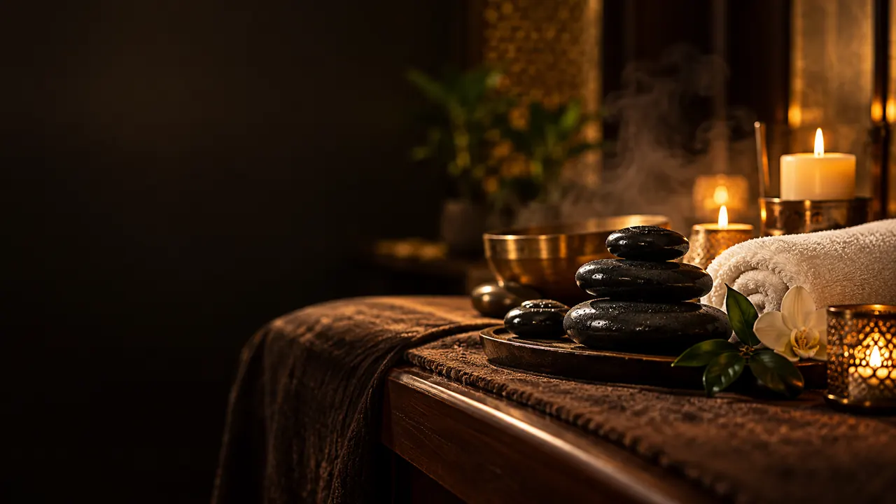 Stacked black hot stones, a rolled towel, an orchid and candles on a massage table with soft steam