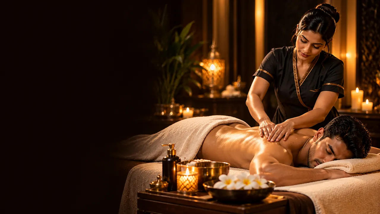 Female therapist giving a relaxed male guest a back massage in a candlelit treatment room