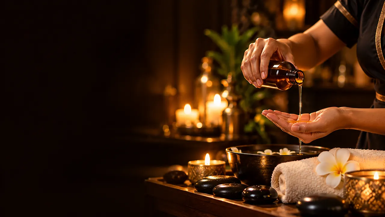 Therapist pouring warm massage oil into her palm beside hot stones and candles