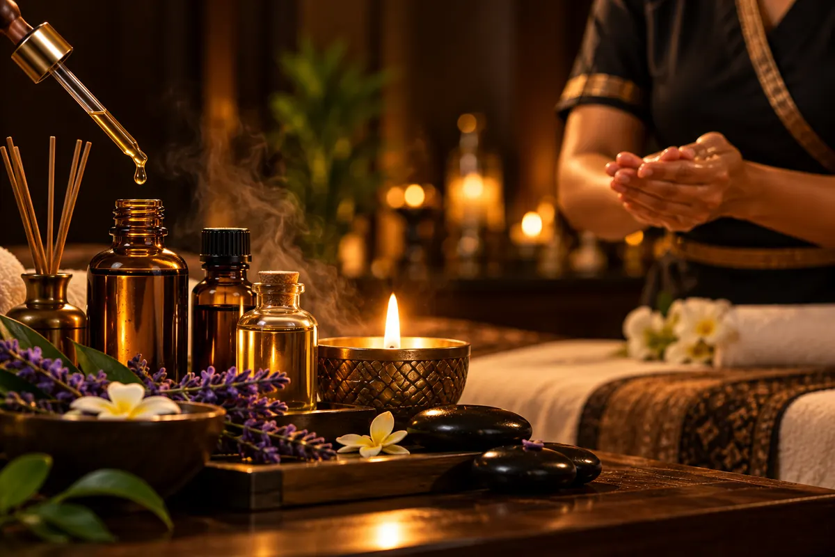 Essential oil dropper, amber bottles, lavender and a candle, with a therapist warming oil in her hands