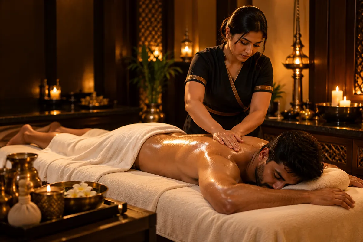 Female therapist giving a male guest a full body oil massage, towel draped from the waist down