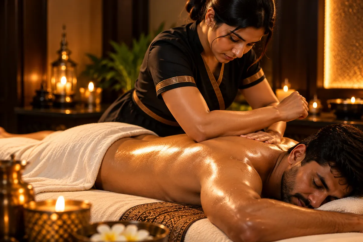 Female therapist applying slow forearm pressure to a male guest's upper back