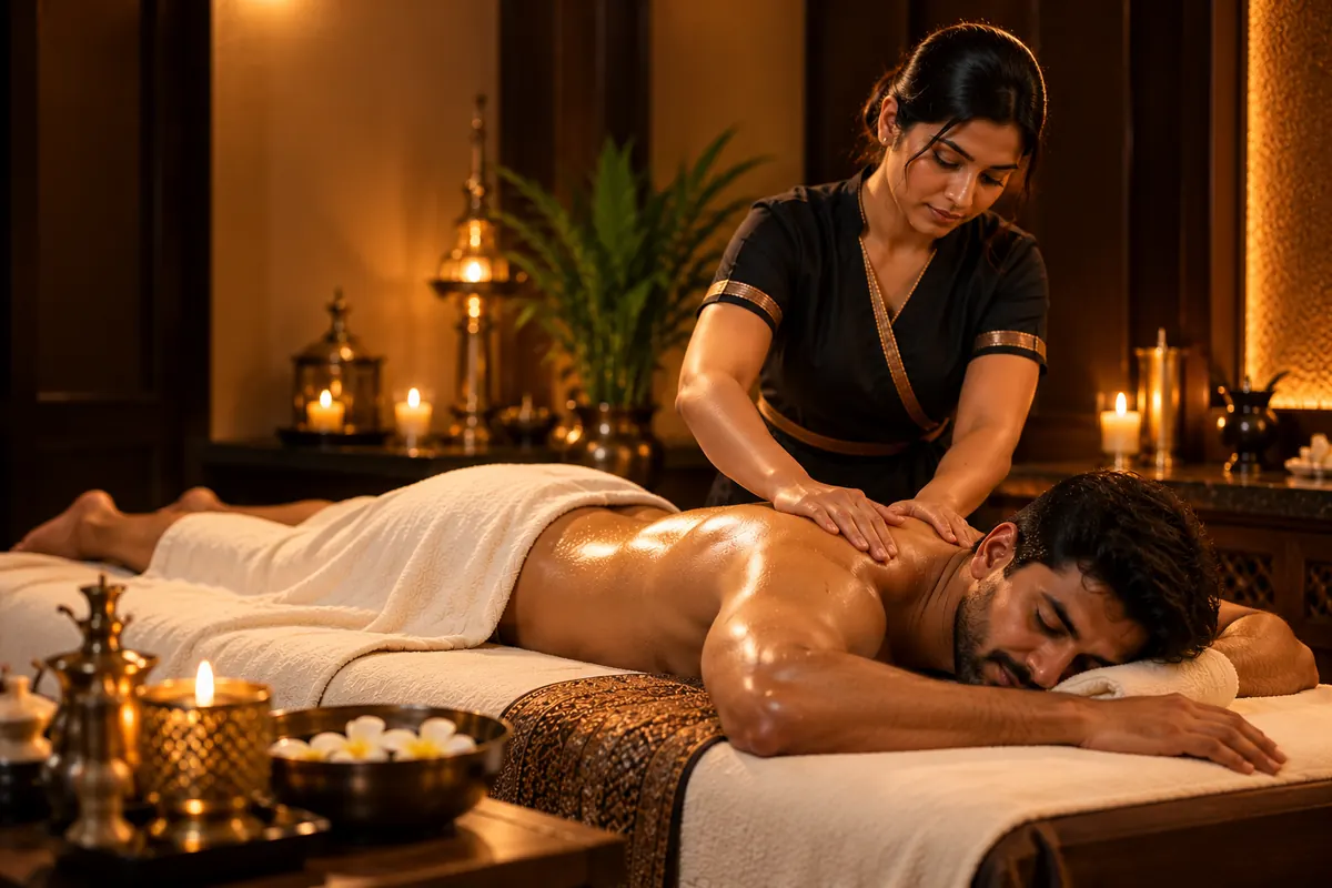 Female therapist massaging the shoulders of a relaxed male guest in a private treatment room
