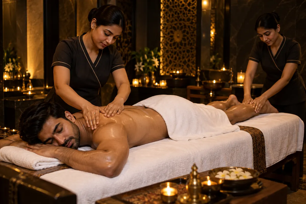 Two female therapists giving a synchronised four hand massage to a relaxed male guest