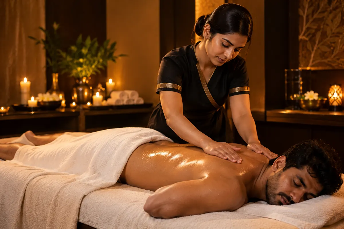 Female therapist using long, gentle gliding strokes along a relaxed male guest's back